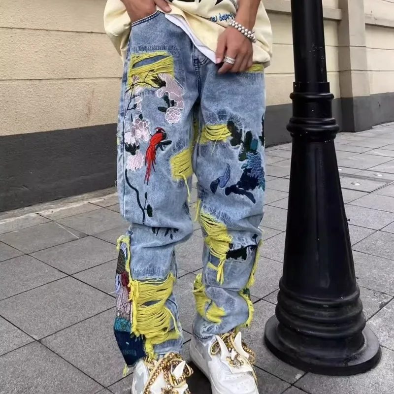 Street Fashion Jeans Men - 아메리칸 빈티지 힙합 자수 낡은 청바지,