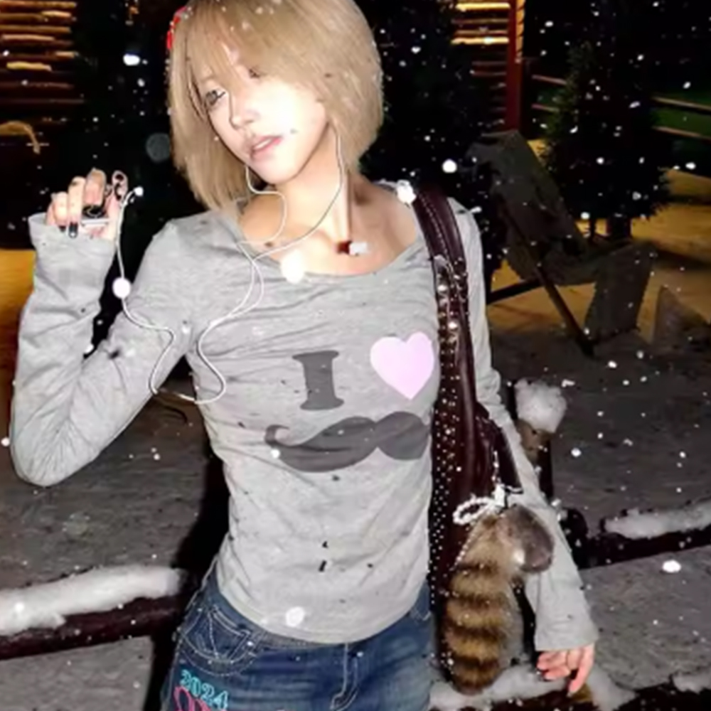 Street Fashion Harajuku - 일본 Y2K 수염 프린트 티셔츠 빈티지