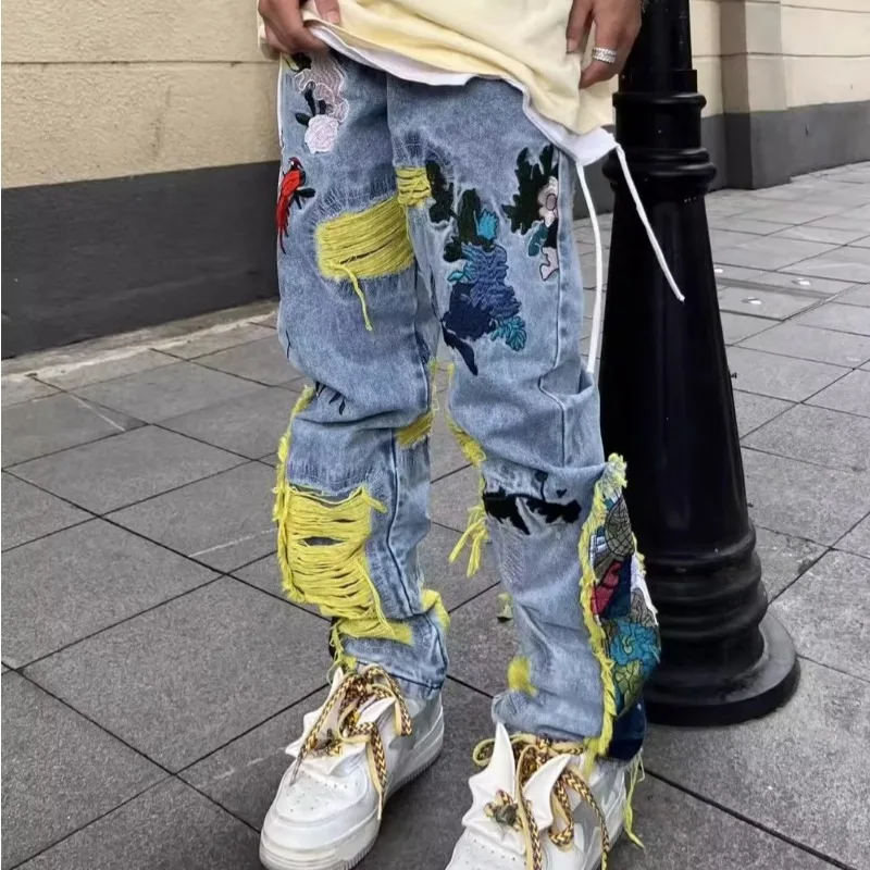 아메리칸 빈티지 힙합 자수 낡은 청바지, Y2k 하이  - Street Fashion Jeans Men 리뷰 및 가격