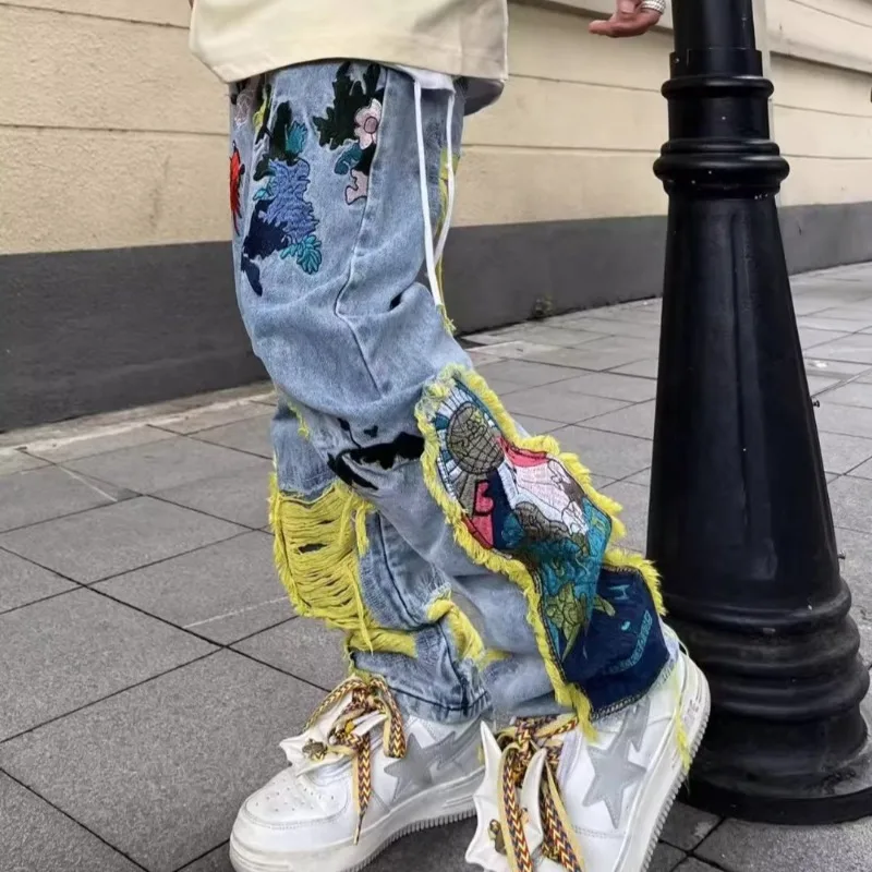 아메리칸 빈티지 힙합 자수 낡은 청바지, Y2k 하이  - Street Fashion Jeans Men 리뷰 및 가격