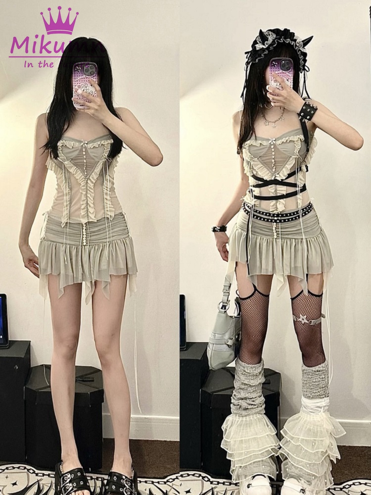 Y2k 두 조각 세트 복장 미적 요정 그런지 메쉬 불규 - Street Fashion Harajuku 리뷰 및 가격