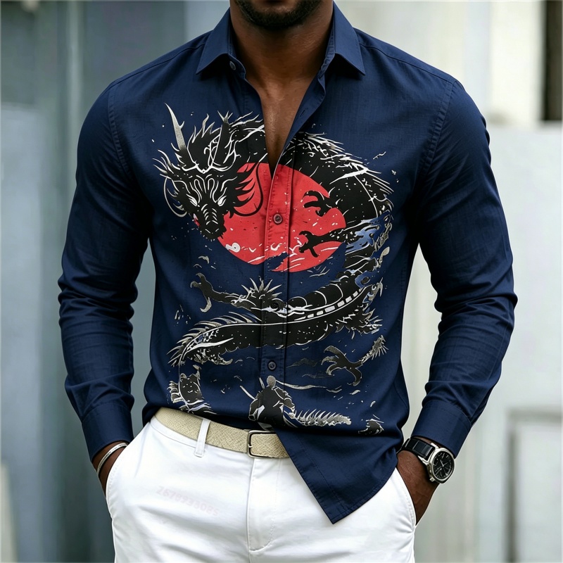 2026 신상 남성 셔츠 화이트 블랙 레드 배색 드래곤 - Street Fashion For 2026 리뷰 및 가격