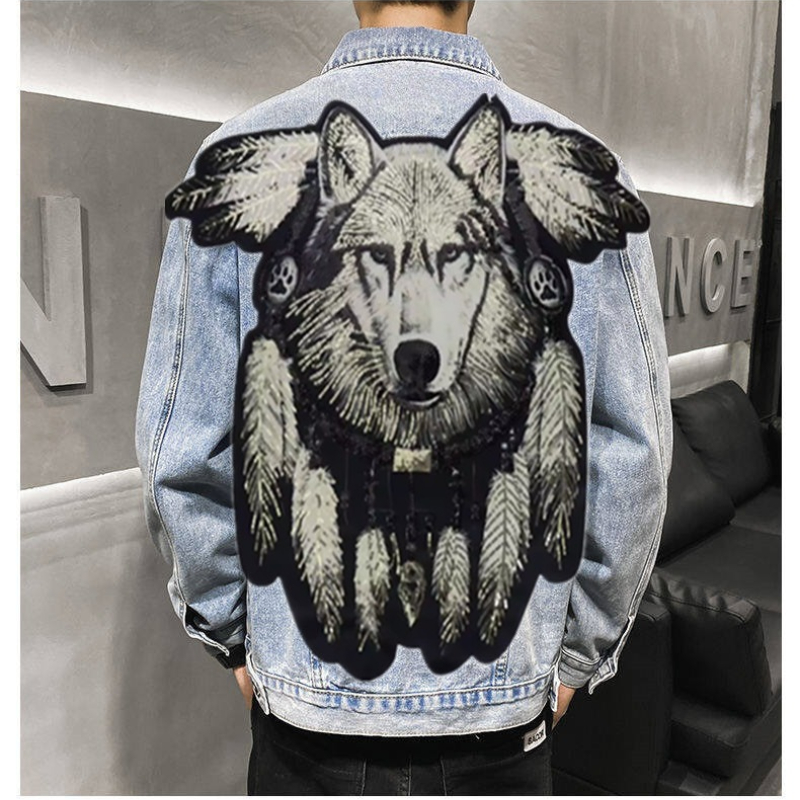 아메리칸 빈티지 헤비 울프 자수 패치 데님 재킷 남성  - Street Fashion Jeans Men 리뷰 및 가격